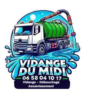 Logo Vidange du Midi, camion blanc et vert, débouchage assainissement 0658041017.